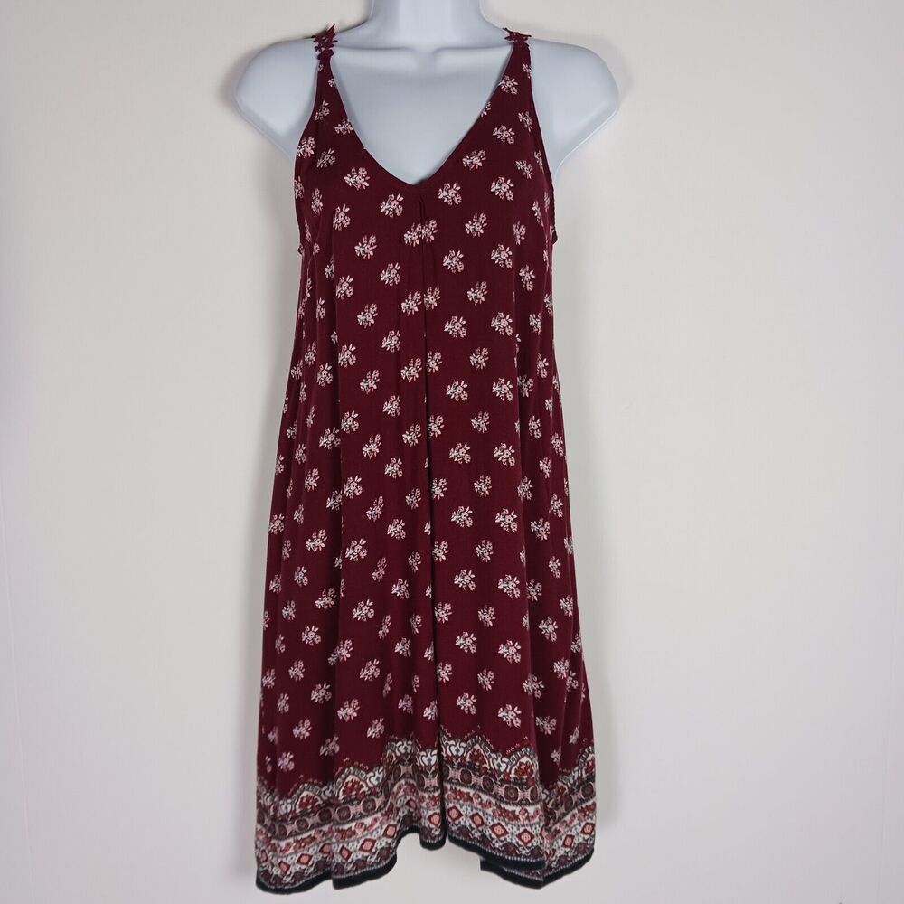 Alya Sleeveless Burgundy Floral V- Neck Strappy Dress Women's Sz Small